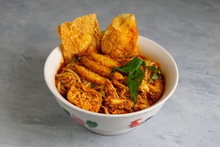 asian curry noodle with grey backgroundの写真素材