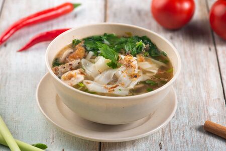 keow teow sup or ladna flat noodles soup in traditional malay styleの写真素材