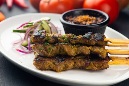 Malaysian chicken satay with delicious peanut sauce,の写真素材