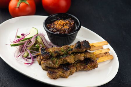 Malaysian chicken satay with delicious peanut sauce,の写真素材