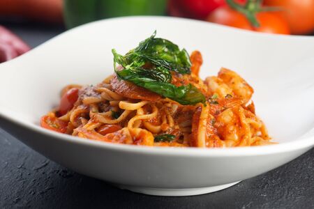 traditional Italian dish. shrimp spaghettiの写真素材