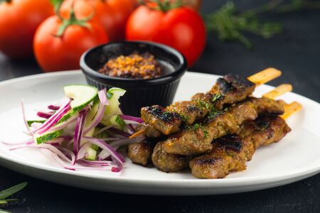 Malaysian chicken satay with delicious peanut sauce,の写真素材
