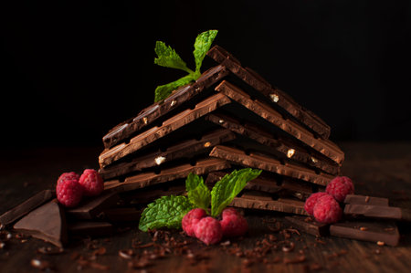 Delicious still life with juicy berries of  raspberries, mint leaves and tiled chocolate. 