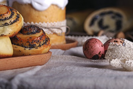 Easter, sweet pastries. Roll with raisins. Roll with poppy seeds. Kulichi.の写真素材