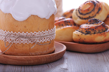 Easter, sweet pastries. Roll with raisins. Roll with poppy seeds. Kulichi.