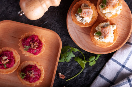 Tartlets with beetroot filling and nuts.