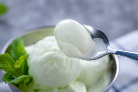 Cold summer dessert. Milk ice cream with kiwi. Ice cream fruit