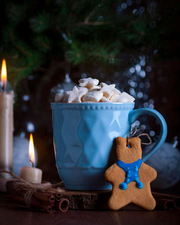 New Year. Sweet gingerbread cookies. Hot cocoa with marshmallows.の写真素材