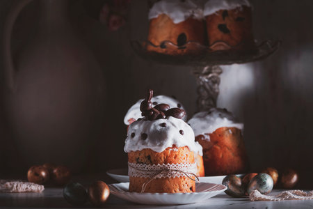 Easter cake is served with fresh milk and chocolate figurines.