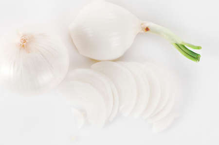 Large white onion, onion wedges, chopped onion.の写真素材