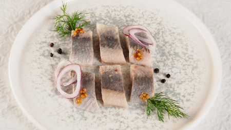 salted herring. seafood. Useful, delicious food. beautiful food presentation.の写真素材
