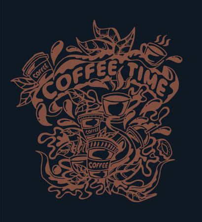 coffee time doodle art typography, leaves background, coffee cup, isolated on white background, print design for t-shirts, cafe decorationのイラスト素材