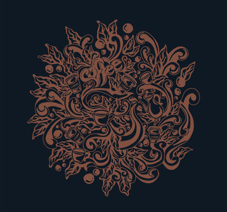 coffee doodle art illustration line art detail hand drawn round picture. used for book covers, cafe decorationsのイラスト素材
