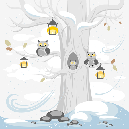 A family of owls on a tree in winter, cute cartoon characters.のイラスト素材