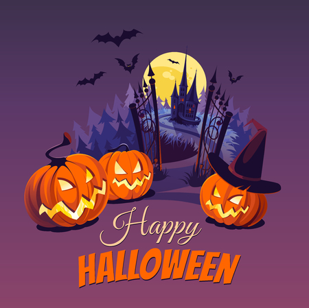 Halloween pumpkins and dark castle on Moon background, illustration.のイラスト素材