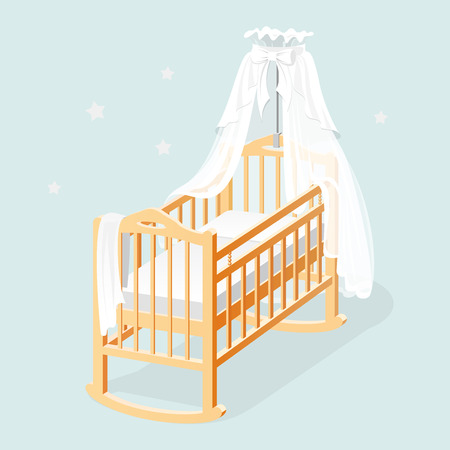 Baby cot with white canopy, mattress, and linens.のイラスト素材
