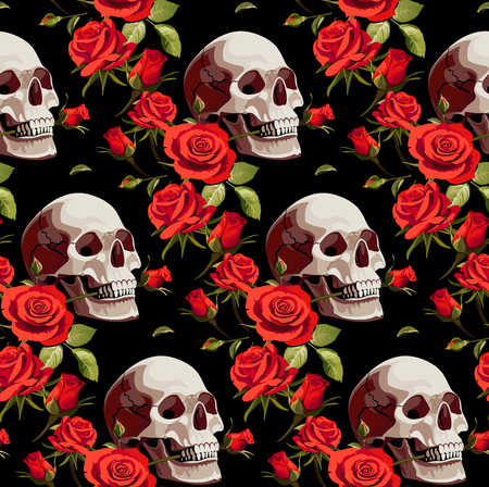 Halloween Pattern with Skulls and Red Roses on a Black Background.のイラスト素材