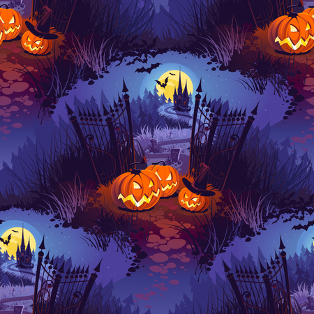Happy Halloween Illustration with Pumpkins and Castle on the Dark Background. Seamless Pattern.のイラスト素材