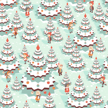 Seamless Pattern with Christmas Trees and Children on Blue Background.のイラスト素材