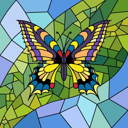 Illustration in stained glass style with bright butterfly, leaf and sky.のイラスト素材