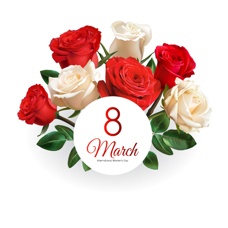 8 March Women's Day greeting card template. Realistic red and white roses isolated on white background.のイラスト素材