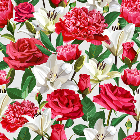 Seamless floral pattern on light background. Roses, Peonies and Lilium.のイラスト素材