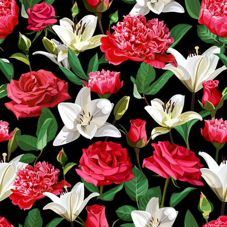 Seamless floral pattern on black background. Roses, Peonies and Lilium.のイラスト素材