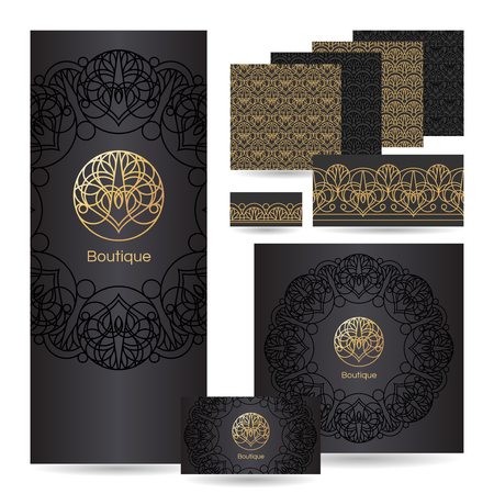 Corporate identity for the boutique. Banner templates, business cards, patterns and frames. Black and gold colors.のイラスト素材