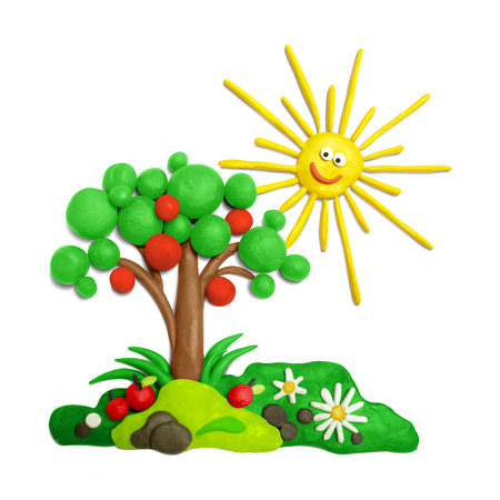 Color illustration of summer landscape with meadow, tree, flowers and sun.のイラスト素材