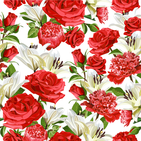 Seamless floral pattern with red Roses, Peonies and white Lilies on light background.のイラスト素材