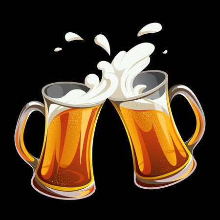 Illustration of two glass toasting mugs with beer on black background. Cheers beer glasses. Print, template, design element.のイラスト素材
