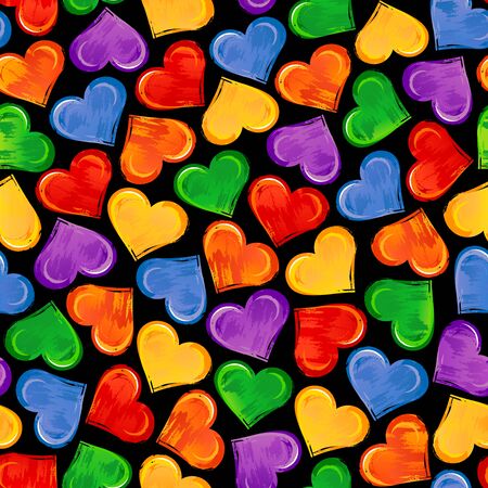 Bright seamless pattern with colorful hearts on black background.のイラスト素材