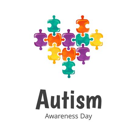 Banner for Autism Awareness Day. Illustration with heart isolated on white background. Puzzle composition.のイラスト素材