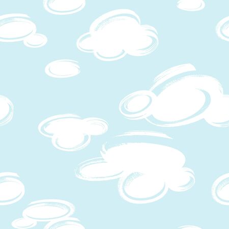 Seamless pattern with white clouds isolated on blue background. Illustration in hand drawn style.のイラスト素材