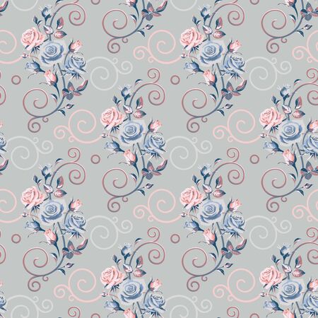 Seamless floral patterns with flowers - pink and blue roses on a gray background.のイラスト素材