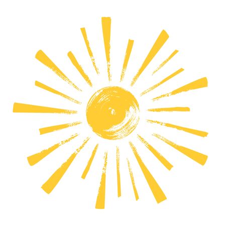 Yellow funny doodle sun. Hand drawn illustration isolated on white background.のイラスト素材