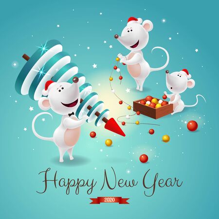 Banner with symbols of 2020 new year - family of white rats or mouses on the Chinese calendar, christmas tree and decor on blue background. Holiday card or congratulation.のイラスト素材