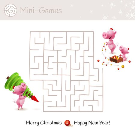 Christmas maze game for preschool and school kids. Illustration with cartoons - family of pigs, christmas tree and decor.のイラスト素材