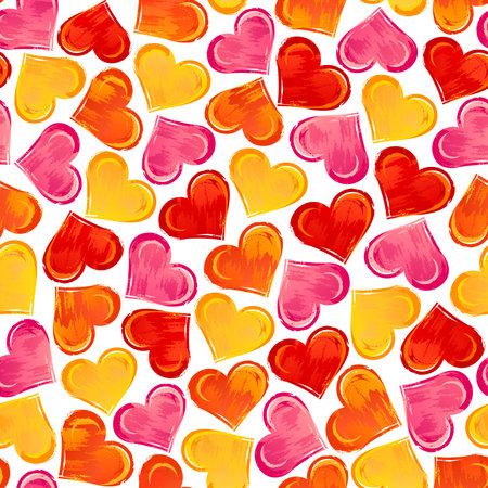 Seamless pattern with colorful hand drawn hearts on white background.
