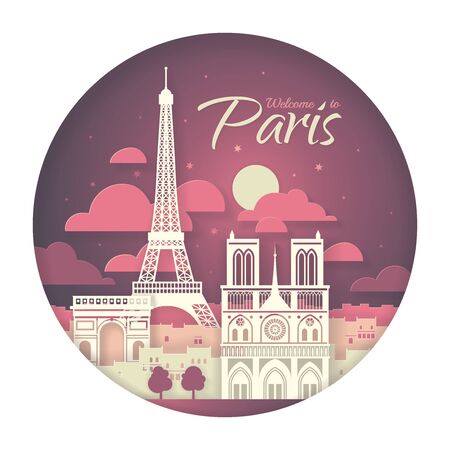 France. Paris with the symbols of the city - Eiffel Tower, Triumphal Arch, Notre Dame Cathedral. Papercut style poster.のイラスト素材