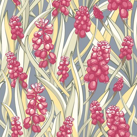 Seamless Pattern with Muscari - spring flowers, isolated on light background. Hand-drawn illustrations.のイラスト素材
