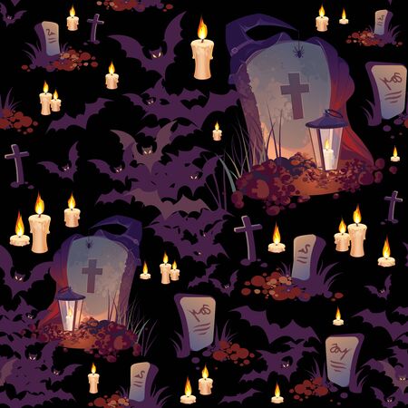 Seamless Halloween pattern with graves, bats, candles and lanterns on black background.のイラスト素材