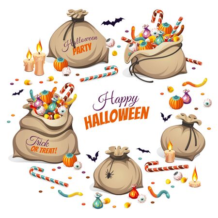 Bags of colorful Halloween sweets for children: candy, chocolate, jelly isolated on white background.のイラスト素材