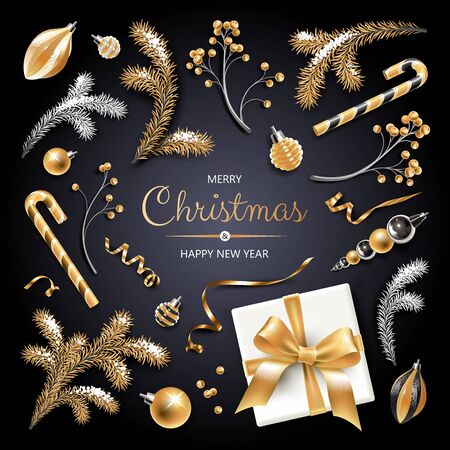 Set of Christmas symbols - gold and silver Fir branches, berries, decoration, ribbons, gift and other festive elements on black background.のイラスト素材