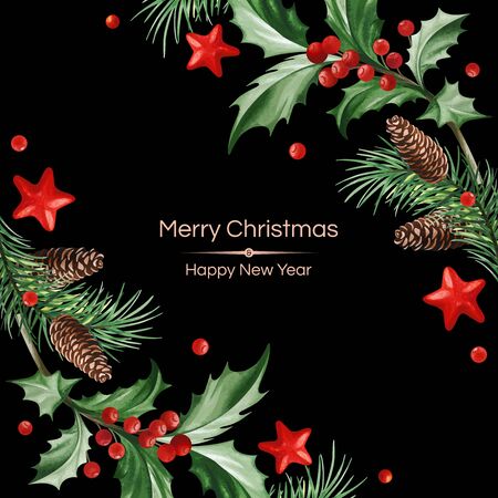 Frame with text and Christmas decoration - Holly leaves, Christmas tree with cones and stars on black background.のイラスト素材