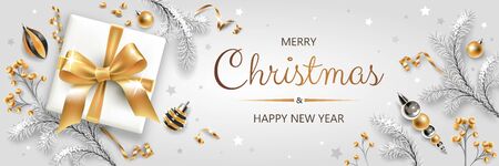 Horizontal banner with gold and silver Christmas symbols and text. Christmas tree, gifts, decoration and other festive elements on white background.のイラスト素材