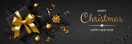 Horizontal banner with gold Christmas symbols and text. Christmas tree, gift, balls, ribbons and other festive elements on black background.のイラスト素材