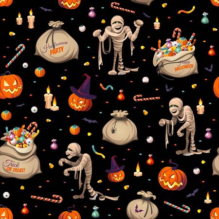 Seamless pattern - pumpkins, mummies and bags of colorful Halloween sweets for children: candy, chocolate, jelly isolated on black background.のイラスト素材
