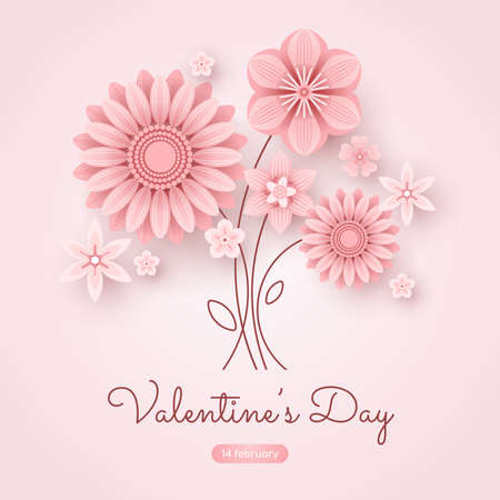 Square Valentine's Day greeting card template. Congratulation with pink flowers and text isolated on light background.のイラスト素材