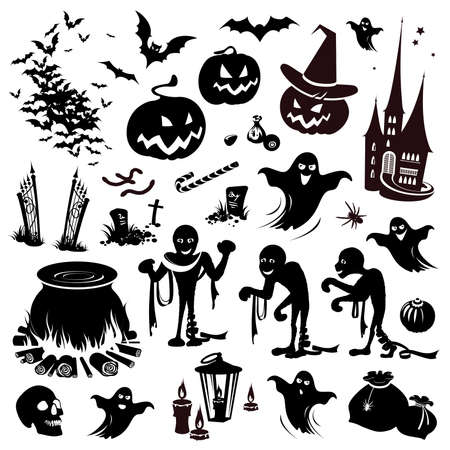 Halloween Elements and Objects. Black silhouettes isolated on a white background. Flat styleのイラスト素材